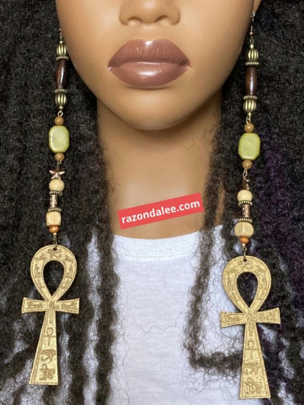 Elongated Dangle Earrings Wooden Ankhs Brown Multi by Razonda Lee